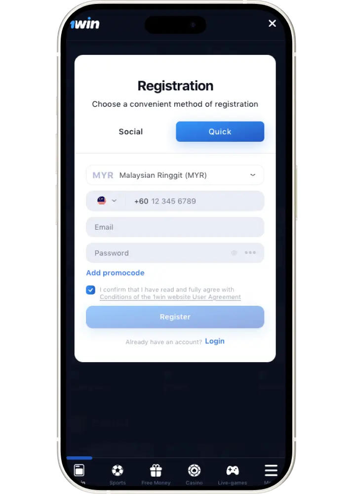 1win registration form